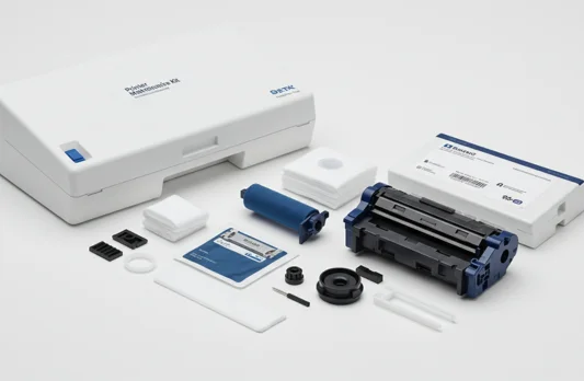 Printer technician fixing ink cartridge