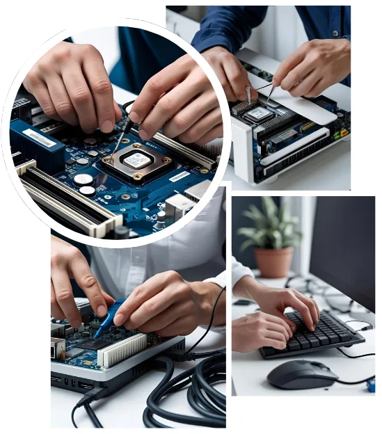 Collage of computer motherboards and glowing microchips representing modern CPU and circuit board technology.