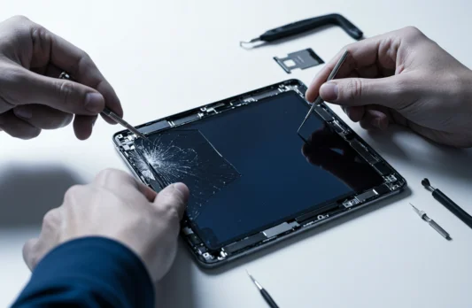 Technician repairing cracked iPad screen