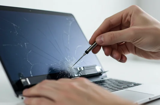 : Technician replacing laptop cooling fan